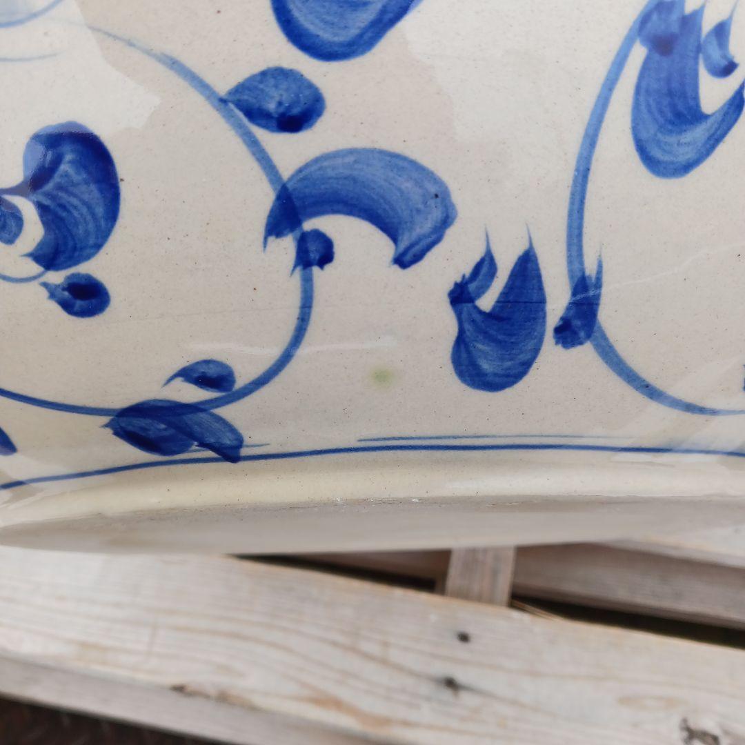 新品　∅50　陶器　睡蓮鉢　大型　メダカ鉢　難有　手書き絵　花柄　手造りLKB4