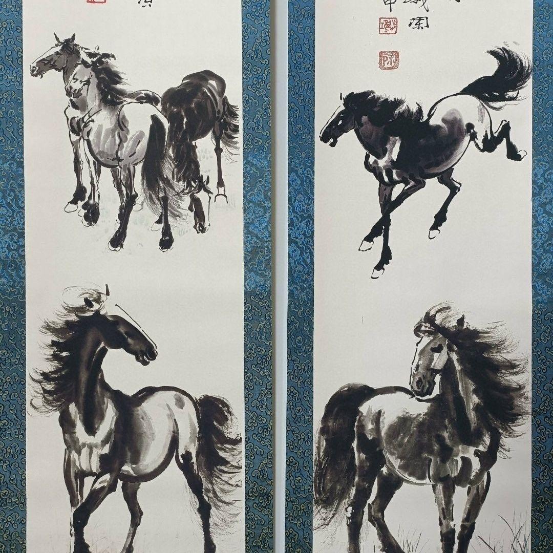 徐悲鴻《奔馬図》 四条屏　証書付き　掛軸セット　38×180