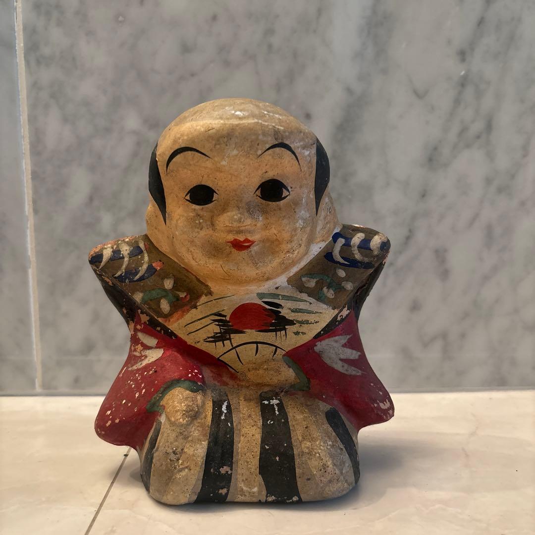 アンティーク約100年前瞳やおでこ、笑顔が美しく着物が素敵な金運、幸福を招く福助