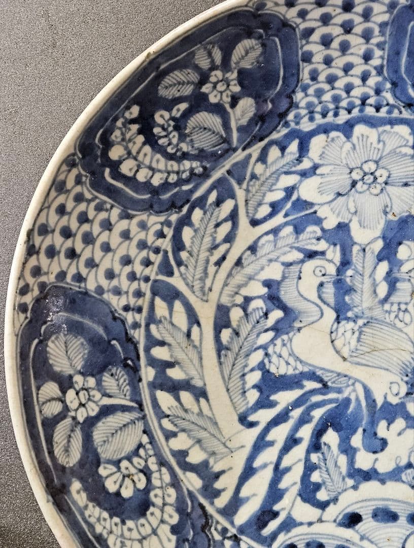 中国古陶磁　明代　17世紀前期　双鳳凰図　呉須鉢　古染付　大皿　大鉢33.3cm