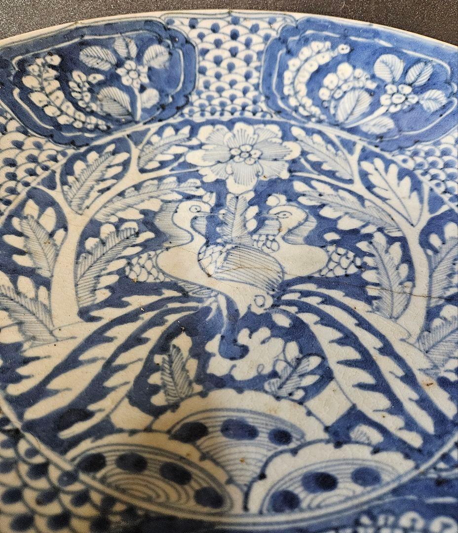 中国古陶磁　明代　17世紀前期　双鳳凰図　呉須鉢　古染付　大皿　大鉢33.3cm