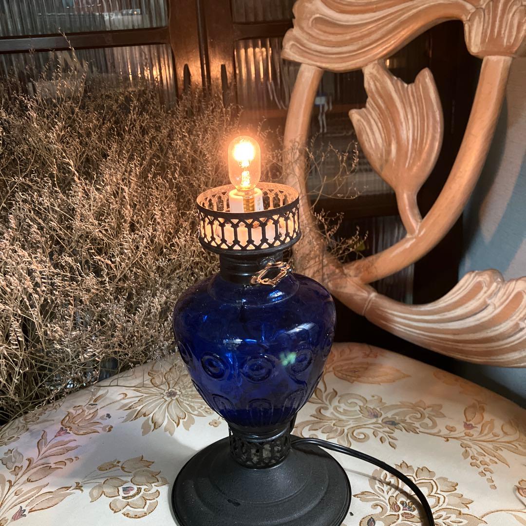 ヴィンテージ　コバルトブルーガラスランプ　アンティークランプ　青色ライト