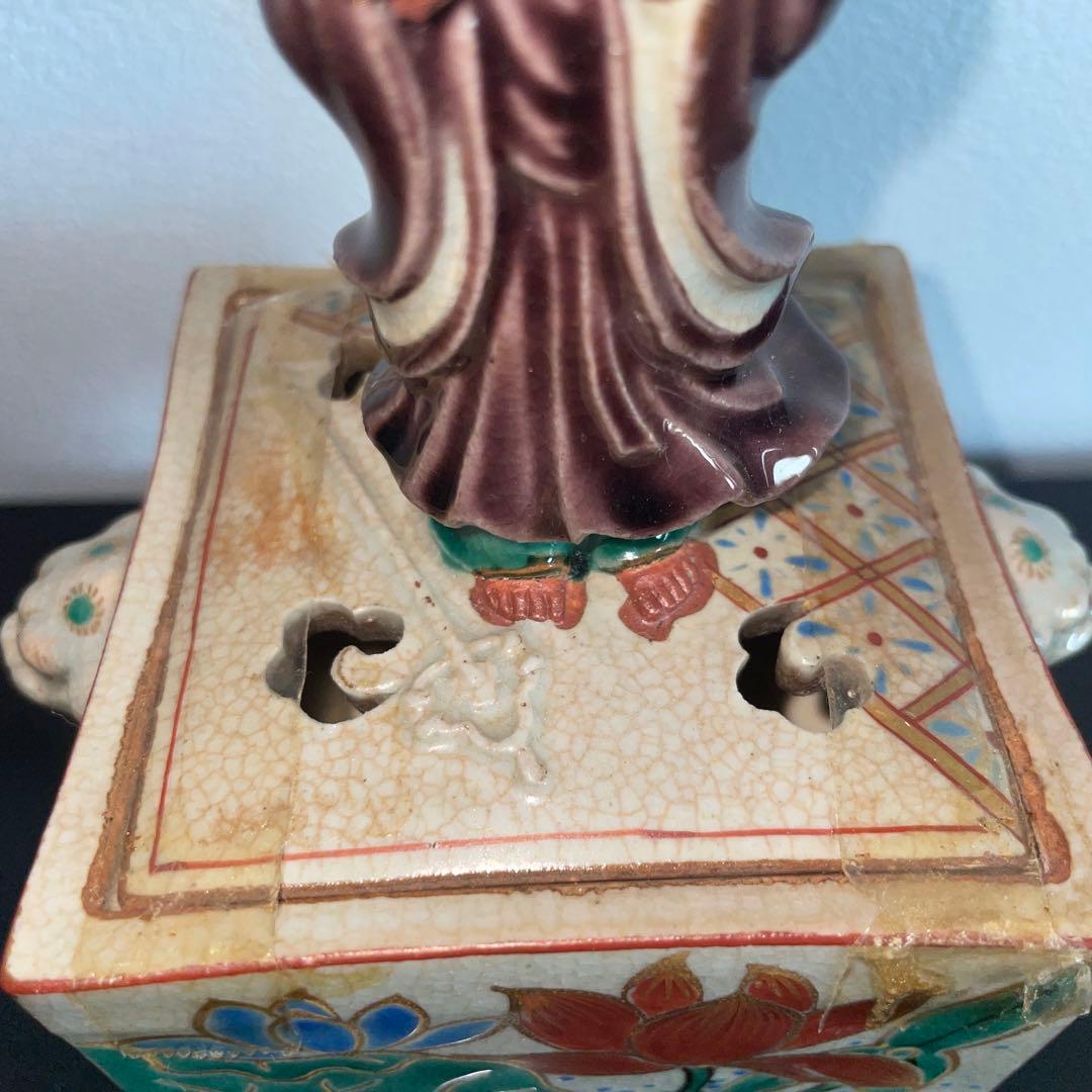 骨董品コレクション　九谷焼　時代物　香炉　蓮花模様獅子飾り