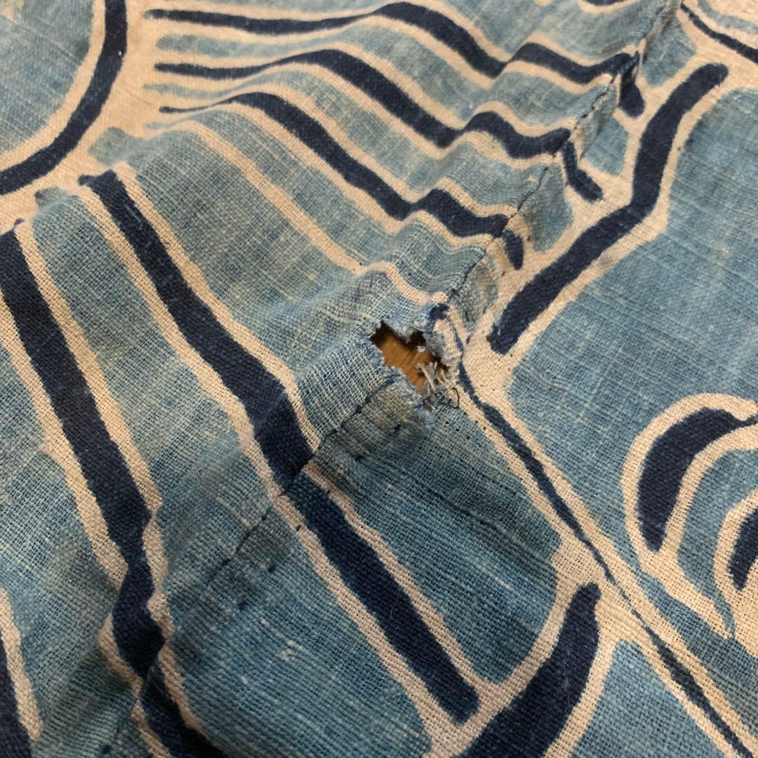 特大！　古布　筒描き　藍染　蝶　浅葱色　幅4枚　丸に揚羽蝶