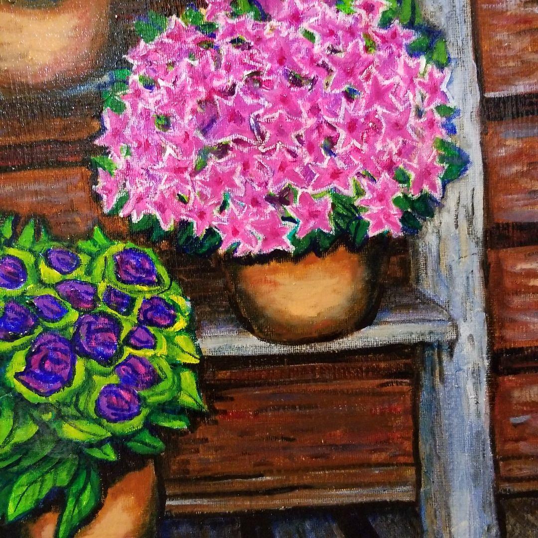 油絵　ゆうみ　はしごに置いた鉢花