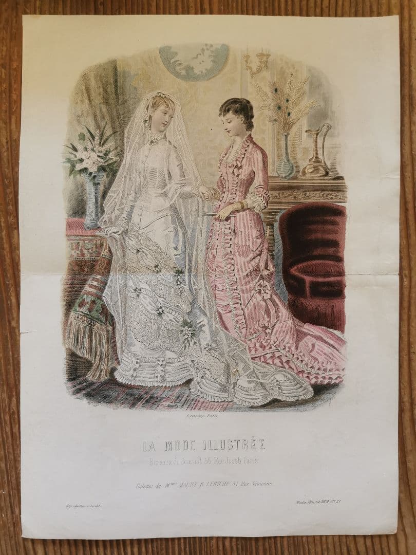 19世紀アンティーク銅版画 新婦と姉妹/友人 花実装飾ウェディングドレス 手彩色