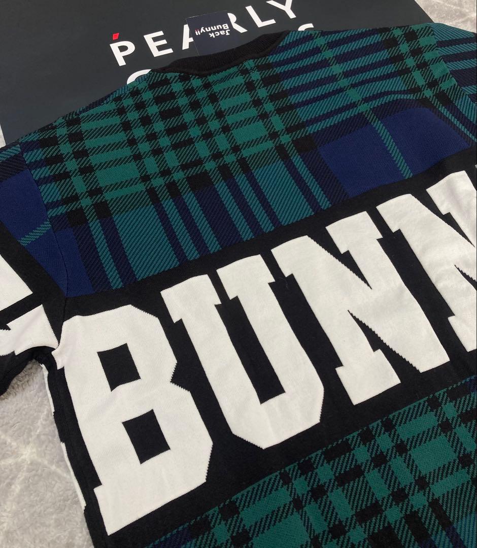 新品 パーリーゲイツ ジャックバニー チェック切替 Wジャガード ニット5L緑