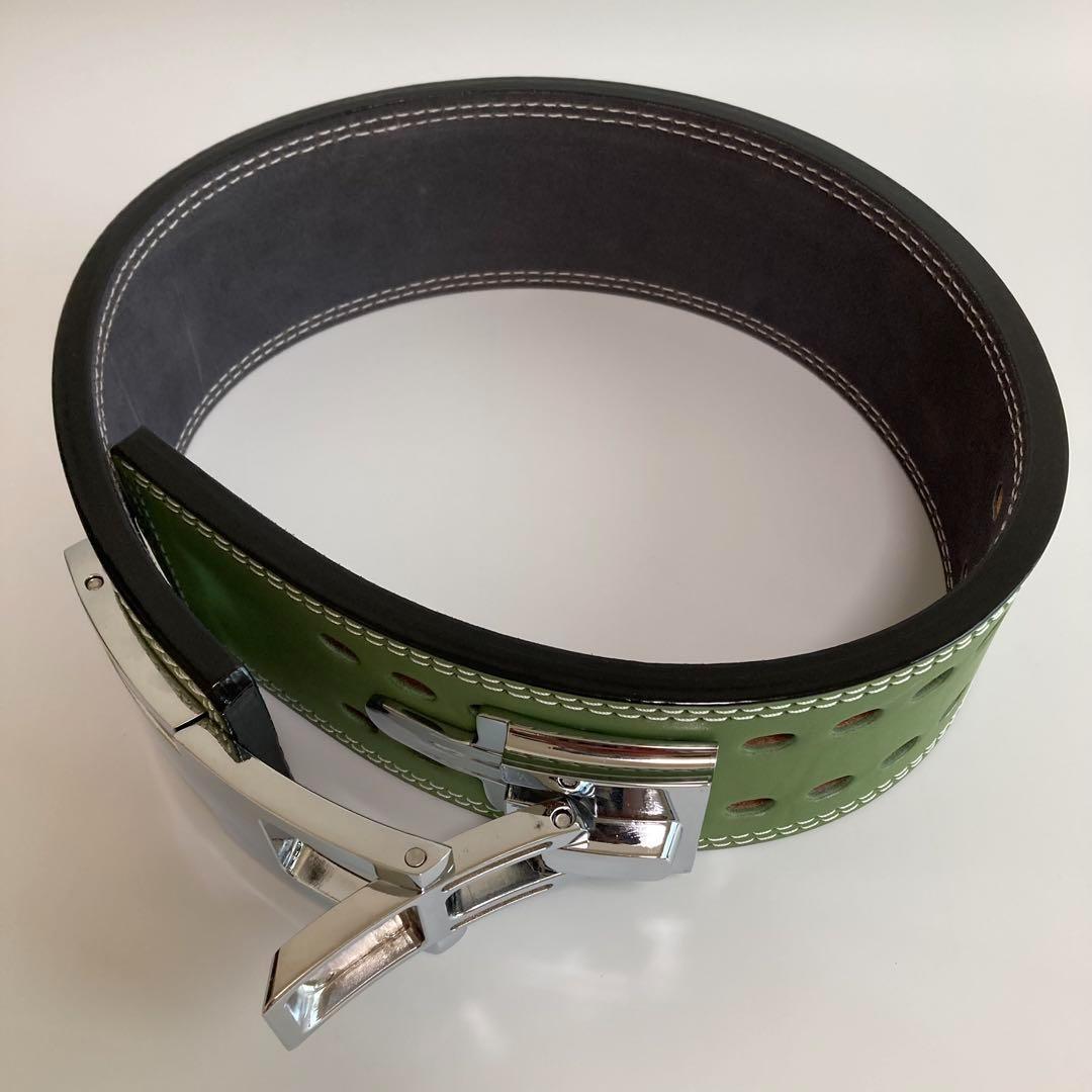 パワーベルト レバーアクション Sサイズ ワンタッチ可変式 本革 緑×艶シルバー