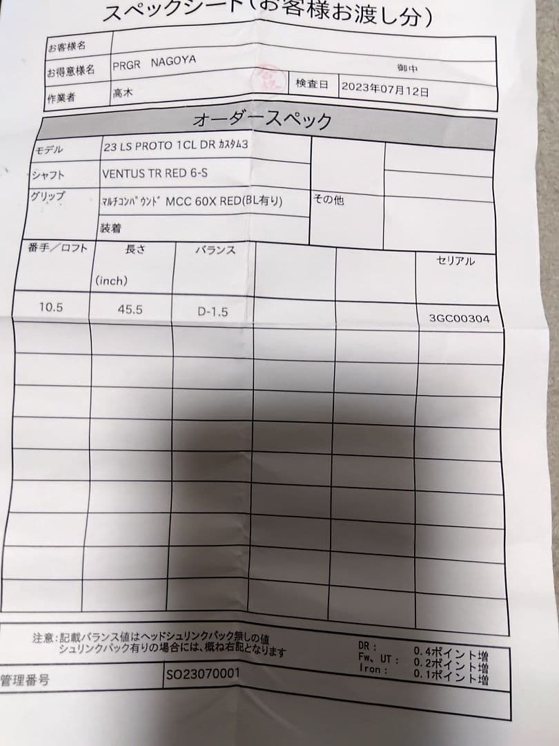 プロギア　ワンクローバー　LS　ドライバー　ベンタスTR　レッド　6S　10.5