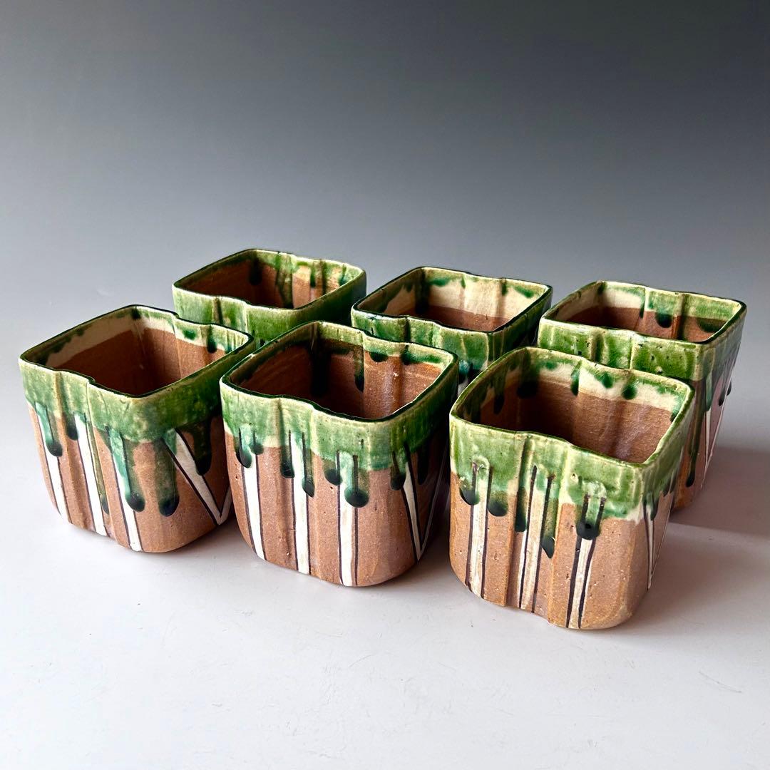 茶道具　鳴海織部　角形　深向付　六客組　加藤十右衛門　共箱　美濃　オリベ　懐石