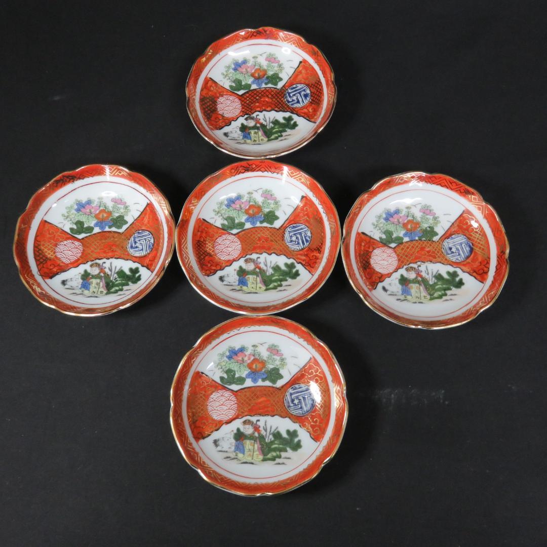 九谷 小皿 5枚 色絵付 金彩 手塩皿 銘々皿 仙人 鶴 明治