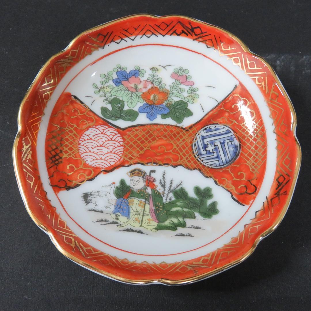 九谷 小皿 5枚 色絵付 金彩 手塩皿 銘々皿 仙人 鶴 明治