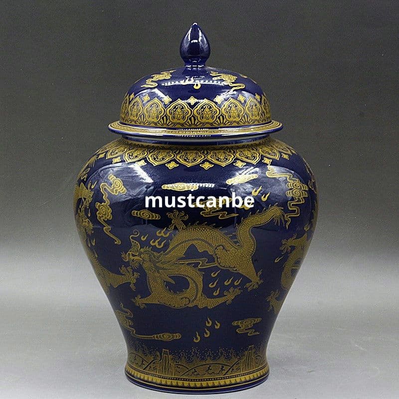 大清乾隆宝石藍蒔金竜紋将軍缶 景徳鎮 陶磁器 装飾品 現代工芸品 美術品 置物