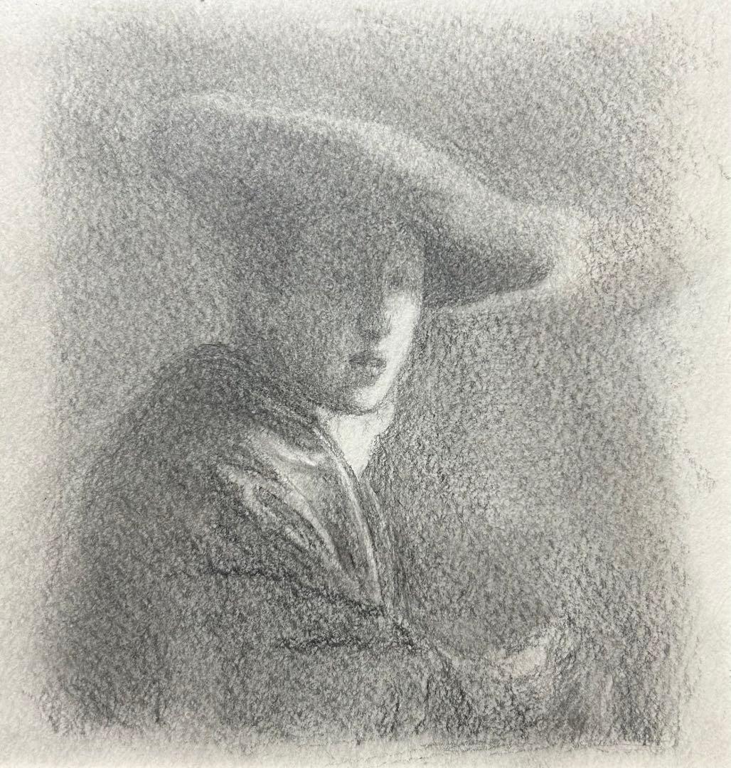 ヨハネス・フェルメール「赤い帽子の女」の鉛筆模写　額付き　箱あり