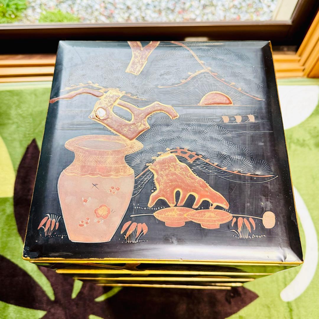 漆器　輪島塗　沈金　蒔絵　螺鈿　木製　五段　重箱　時代品