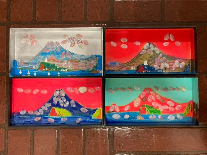 幻想絵画、空飛ぶ画家糸川裕志の富士山曼荼羅図箱絵、桜貝とのコラボレーション