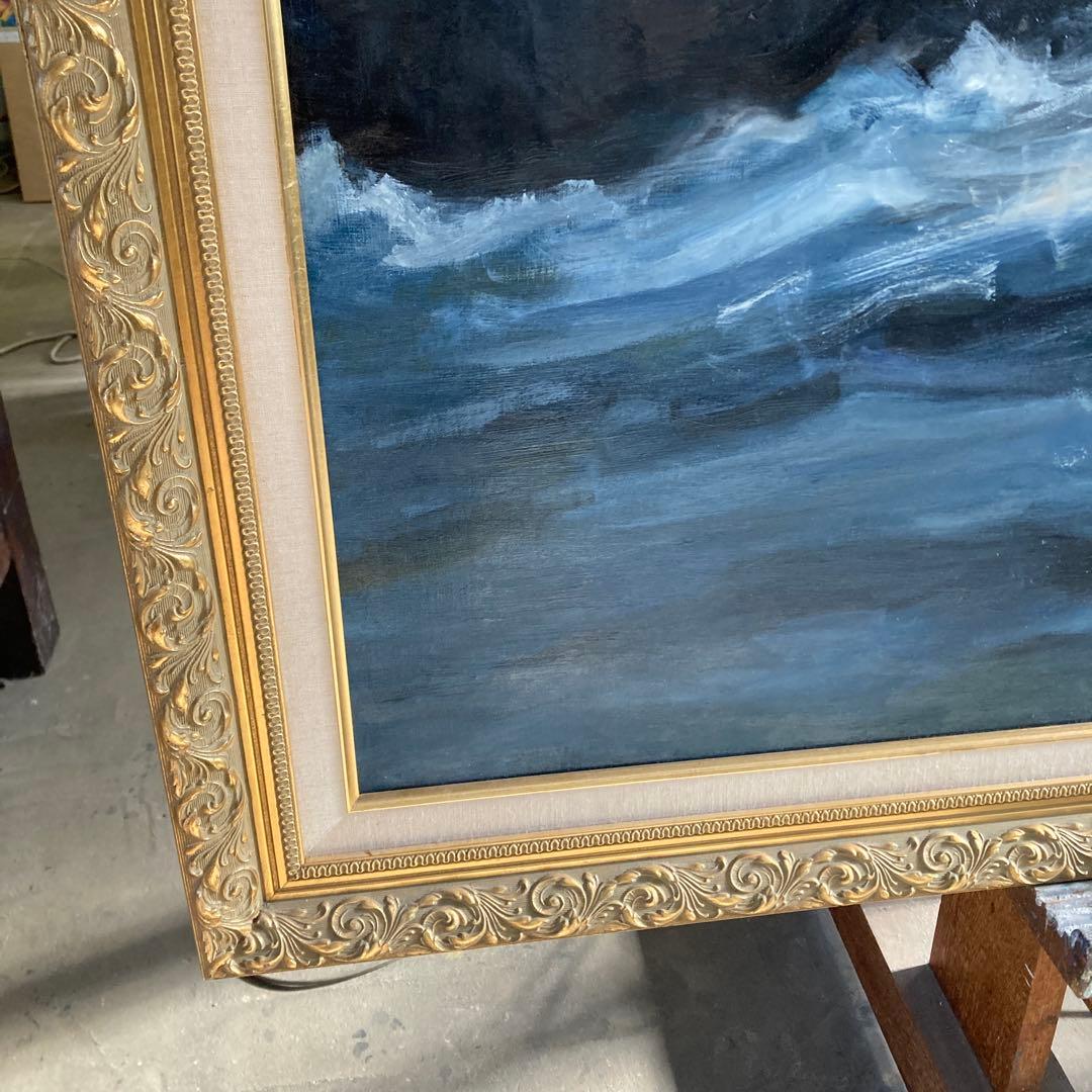 特大 P100号 古画 佐々木恭子 画 「濤」 岩手県三陸の海 ゴールドフレーム