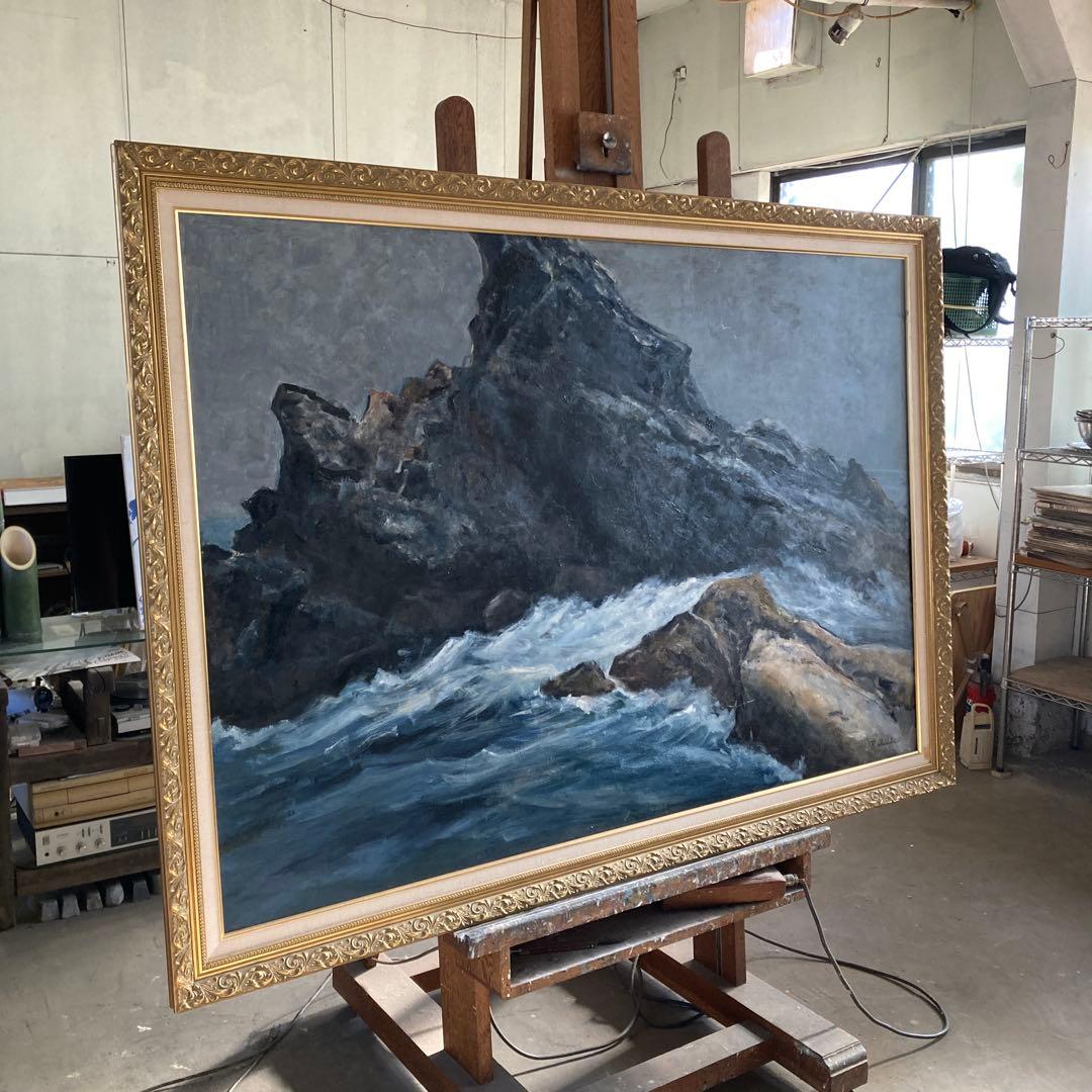 特大 P100号 古画 佐々木恭子 画 「濤」 岩手県三陸の海 ゴールドフレーム