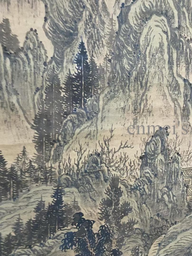 中国古美術 宋代 蘇軾款 山水画 水墨画 金色の縁取り 掛軸 宣紙 唐物 名家