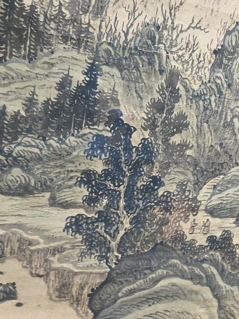 中国古美術 宋代 蘇軾款 山水画 水墨画 金色の縁取り 掛軸 宣紙 唐物 名家