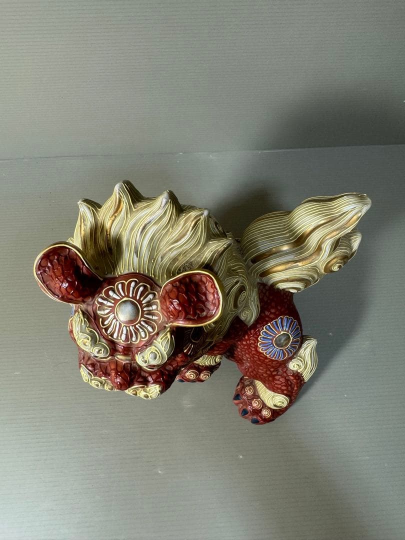 2494 九谷焼 玉乗り獅子 狛犬 シーサー 置物 開運 魔除け 縁起物 骨董品