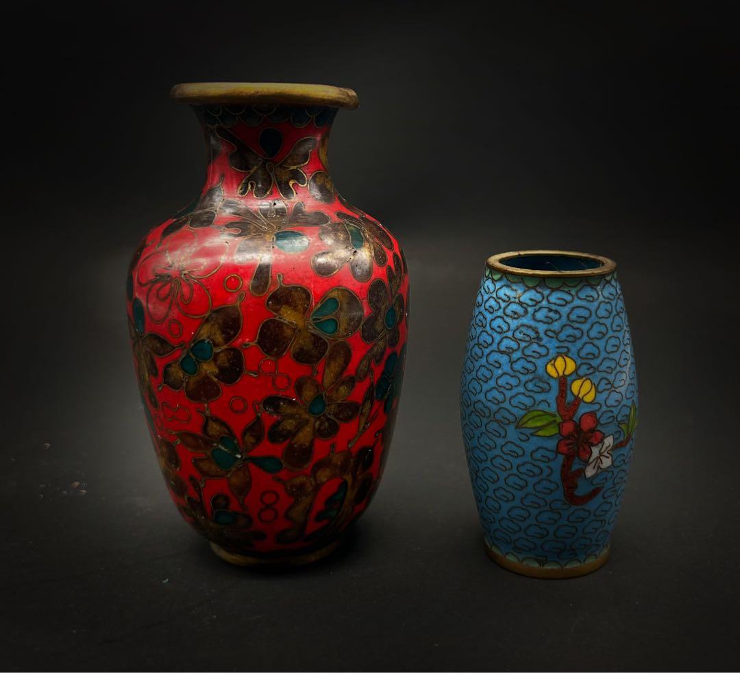 中國美術 古玩 七宝焼 景泰藍 茶葉罐 蓋置 花瓶まとめて 牡丹 梅 蝶々瓢箪