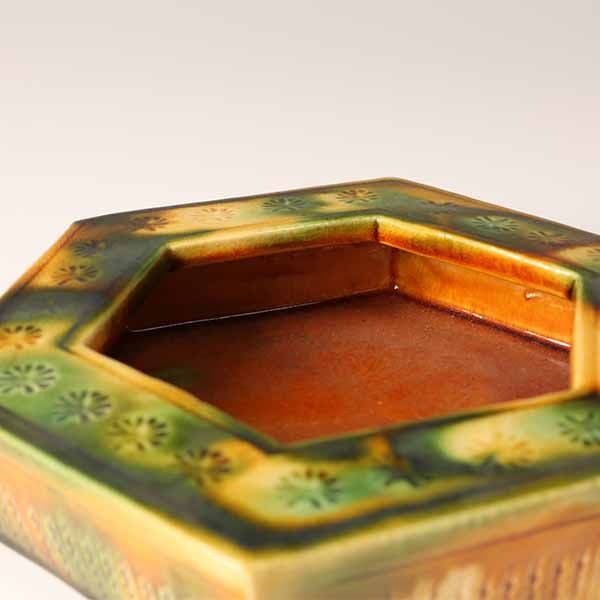 三彩六角灰皿　六代　清水六兵衛　唐三彩　【陶器】