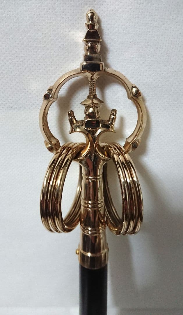 ✶金属工芸品✶錫杖 六環 真鍮製 本焼 黒檀柄付 京都 仏具・密教・山伏・修験道
