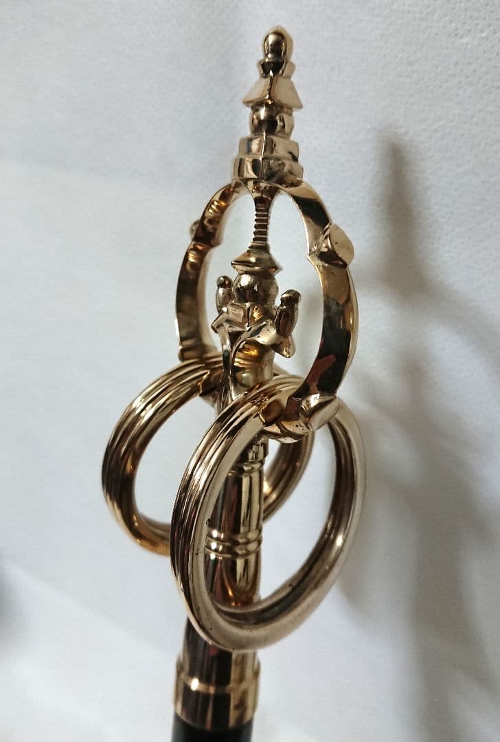 ✶金属工芸品✶錫杖 六環 真鍮製 本焼 黒檀柄付 京都 仏具・密教・山伏・修験道