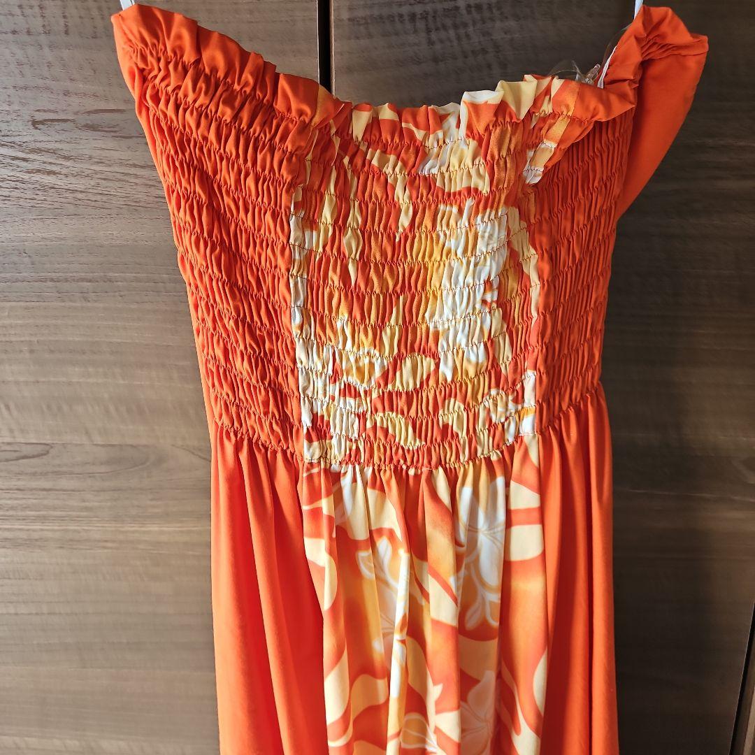 オレンジ 花柄 フラダンスドレス