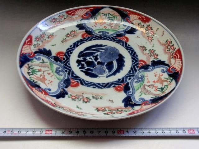 大皿■赤絵錦絵 窓松竹梅 花鳥紋(江戸後期～明治期)古伊万里 時代物 古い骨董■