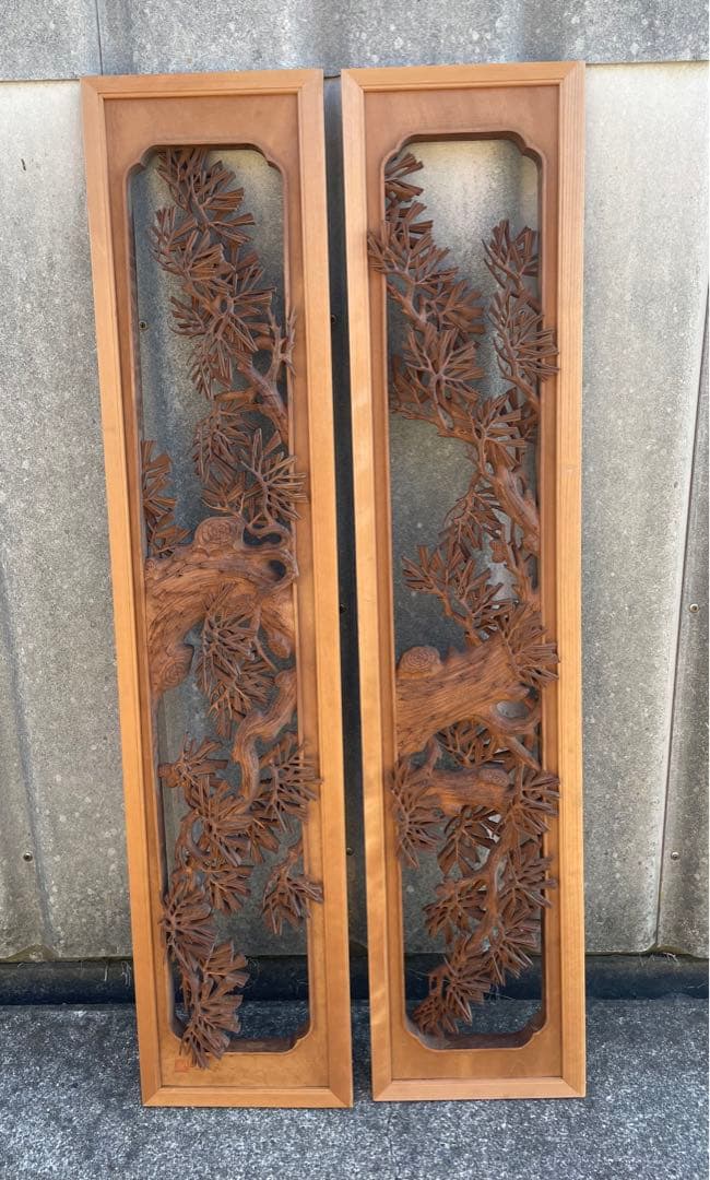 稀少/井波彫刻/栄二郎 刀/細密彫刻/両面彫刻/彫刻欄間/欄間/木彫/一対/2枚