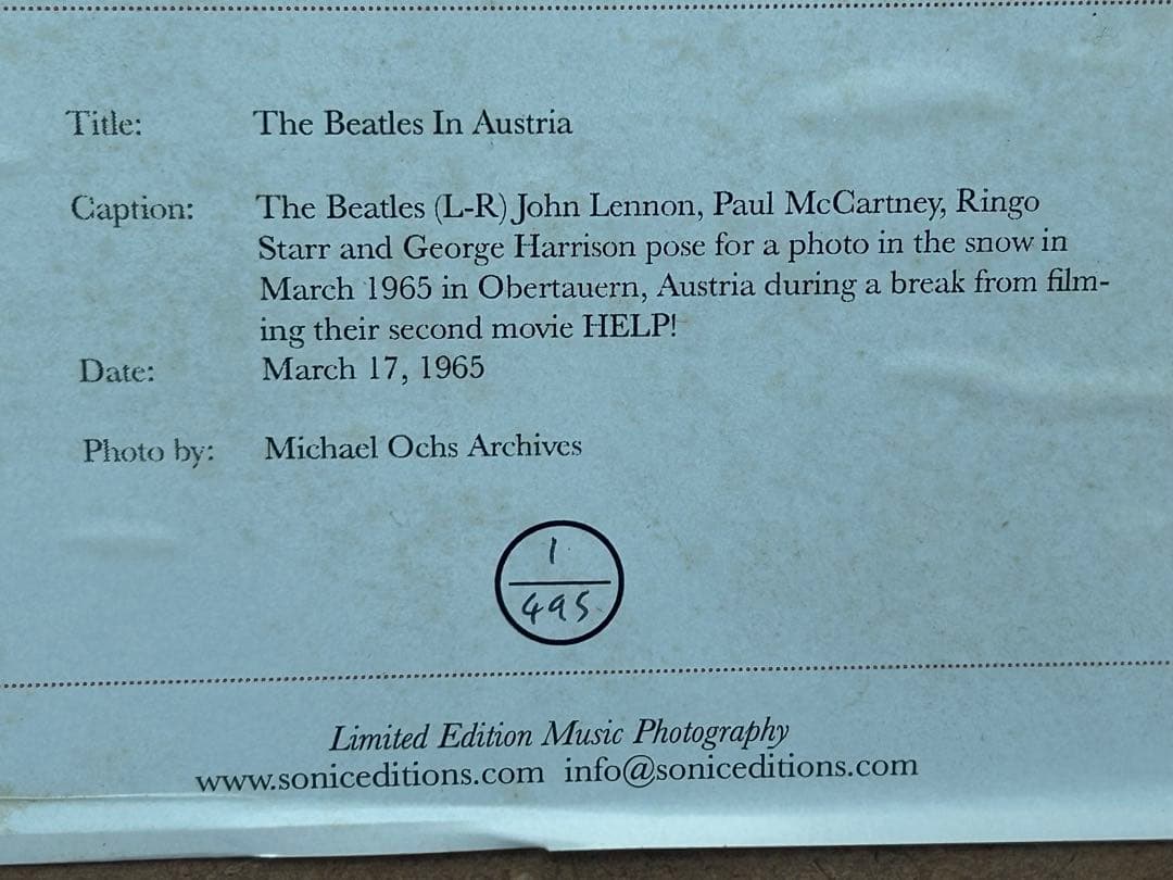 ビートルズ 写真 シリアルNo.1 Sonic Editions アートフォト