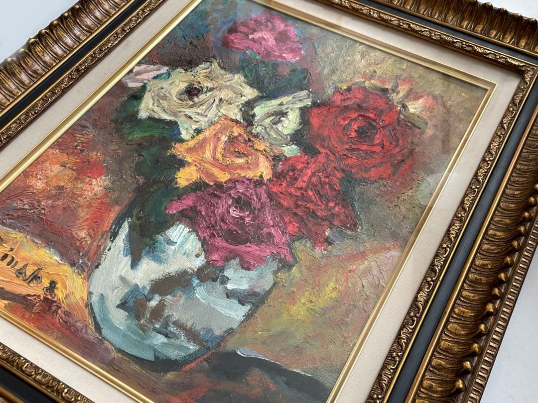 画家　S.INABA 稲葉　作者不明　油彩画　油絵　薔薇の絵　バラ　花瓶　額入