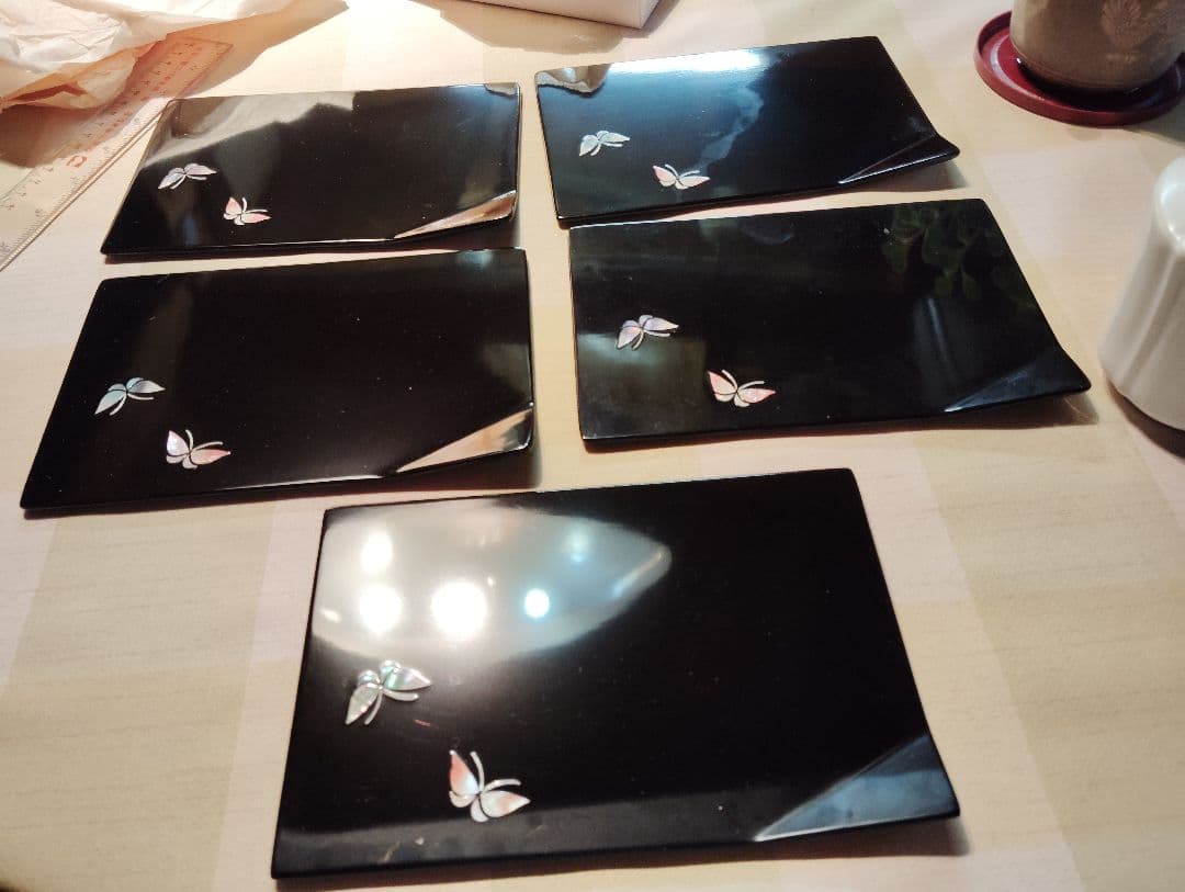 【高岡漆器 螺鈿細工 黒塗銘々皿5枚セット 美品】