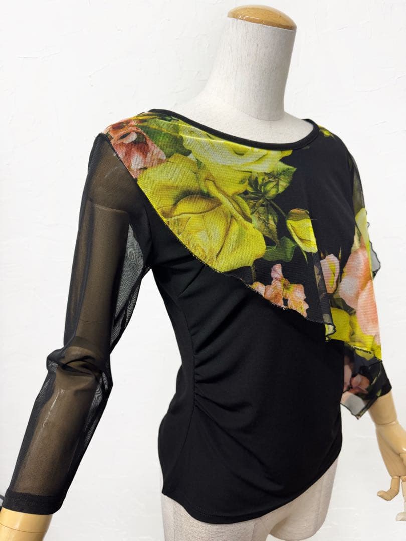 【ファンシー】新品　社交ダンス　イエロー花柄セットアップ黒　ｄ5104