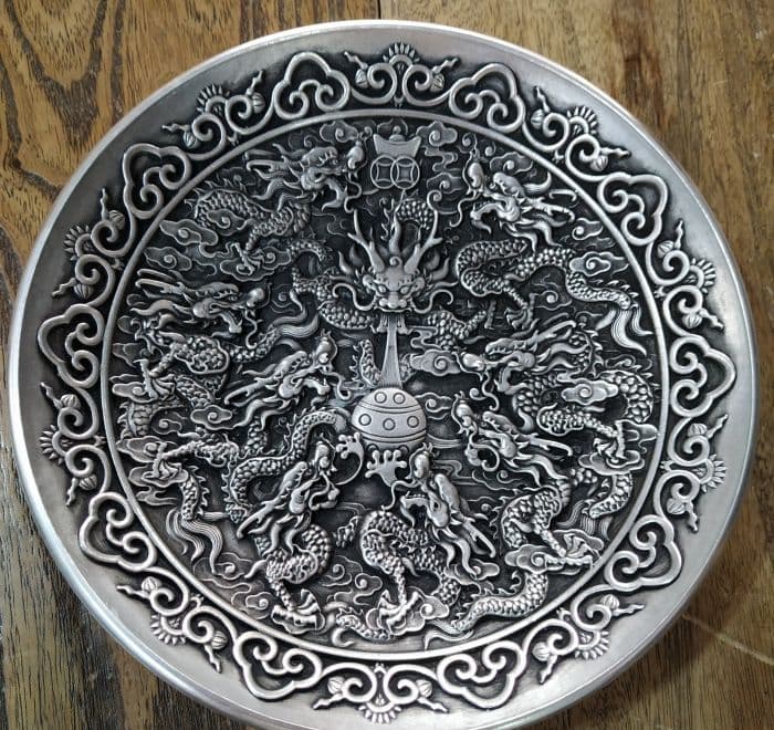 銅 細工 九龍戯珠 銅皿 銅盤 装飾品 工芸品 美術品 置物