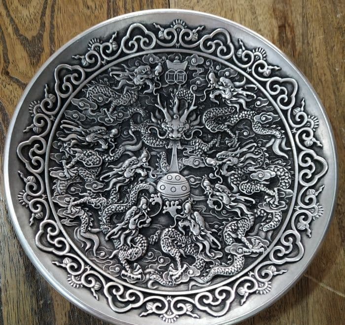 銅 細工 九龍戯珠 銅皿 銅盤 装飾品 工芸品 美術品 置物