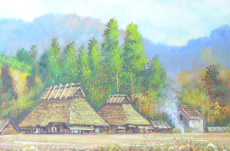 絵画 油絵 竹内敏彦 肉筆油絵 風景画 晩秋の民家 F12