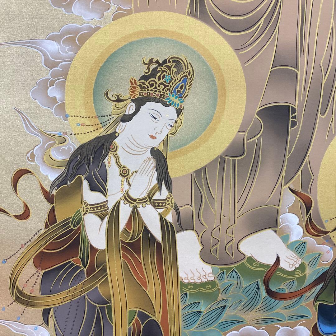 美品 掛け軸 松井玲二作 金地 三尊佛 共箱 真筆証明書付き 仏教美術