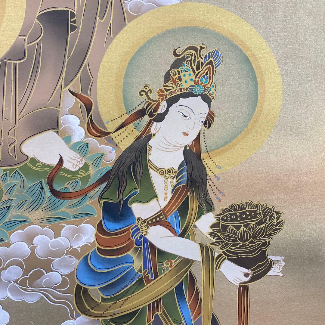 美品 掛け軸 松井玲二作 金地 三尊佛 共箱 真筆証明書付き 仏教美術