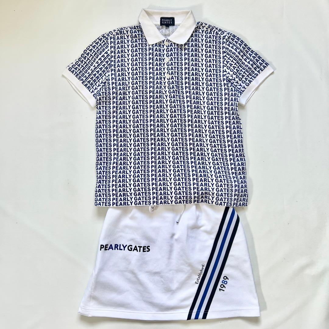 パーリーゲイツ　セットアップ　白×青　ポロシャツ　スカート　ゴルフ　総柄　ロゴ