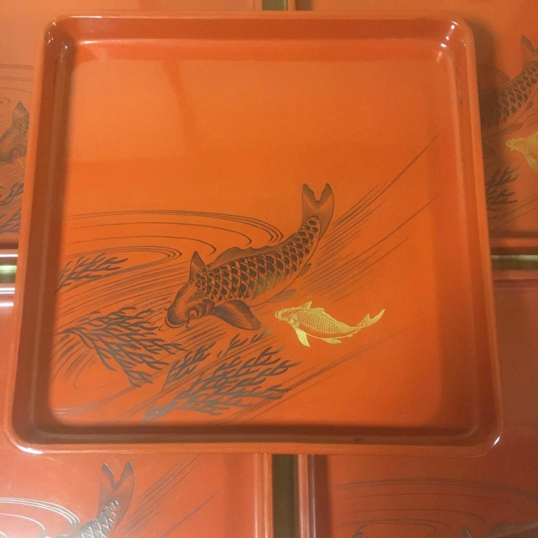 時代物　朱漆会席膳　　漆器懐石膳　5客　　　鯉図　　明治期　アンティーク　骨董