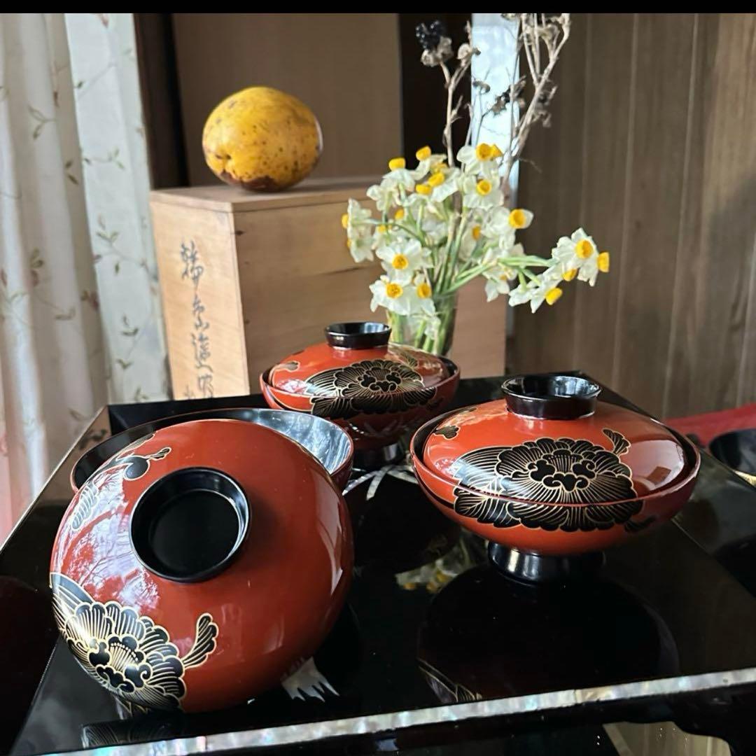 2177様感謝‼️緋牡丹お竜JAPAN 輪島蒔絵牡丹洗朱❌黒独楽吸物椀5客