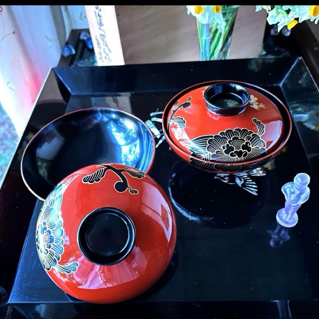 2177様感謝‼️緋牡丹お竜JAPAN 輪島蒔絵牡丹洗朱❌黒独楽吸物椀5客