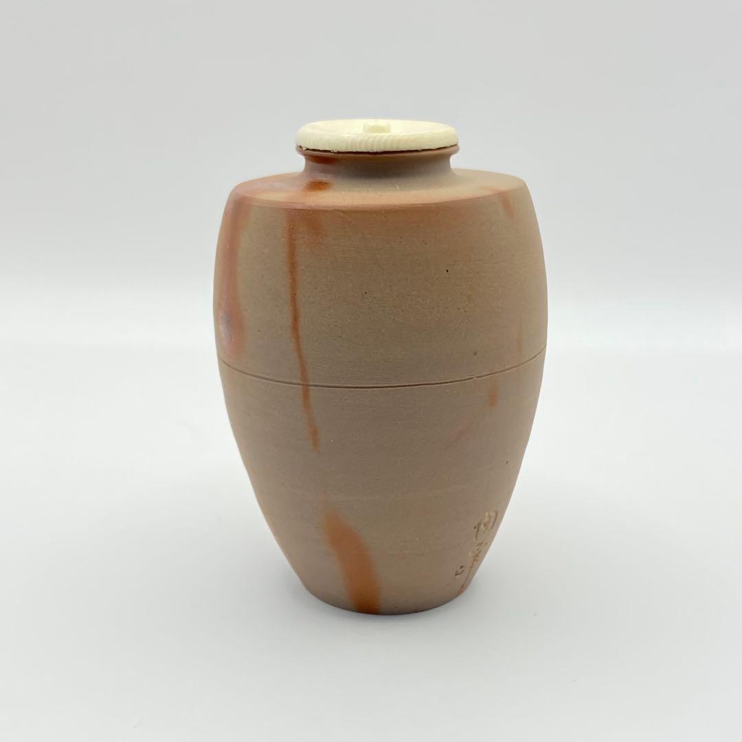 肩衝茶入 備前焼 火襷　木村陶峰　共箱入　茶道具　濃茶器　仕覆:唐松緞子　古美術