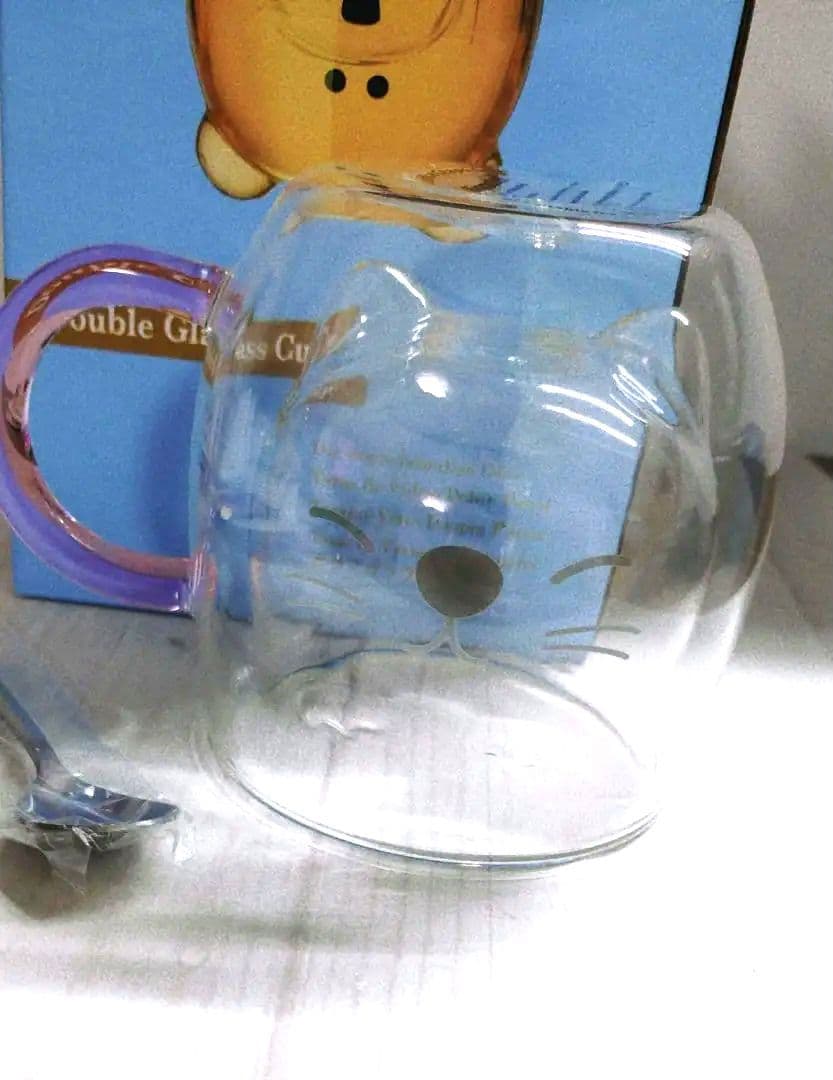 260ml ダブルウォールグラス 猫 ネコ かわいい カフェグラス 取っ手付き