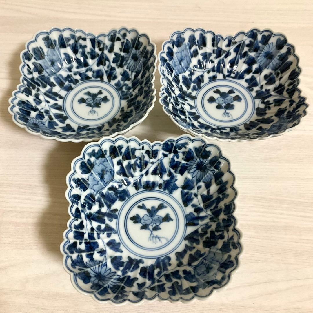宮内庁御用窯 山本長左 九谷焼 小鉢揃 3点セット 牡丹唐草 染付 花文 皿