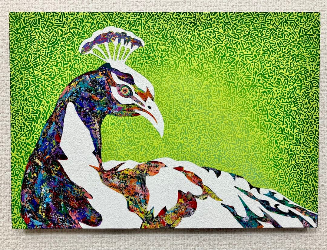 原画　孔雀　動物画　絵画　アクリル画　現代アート　細密画　手描き　一点物