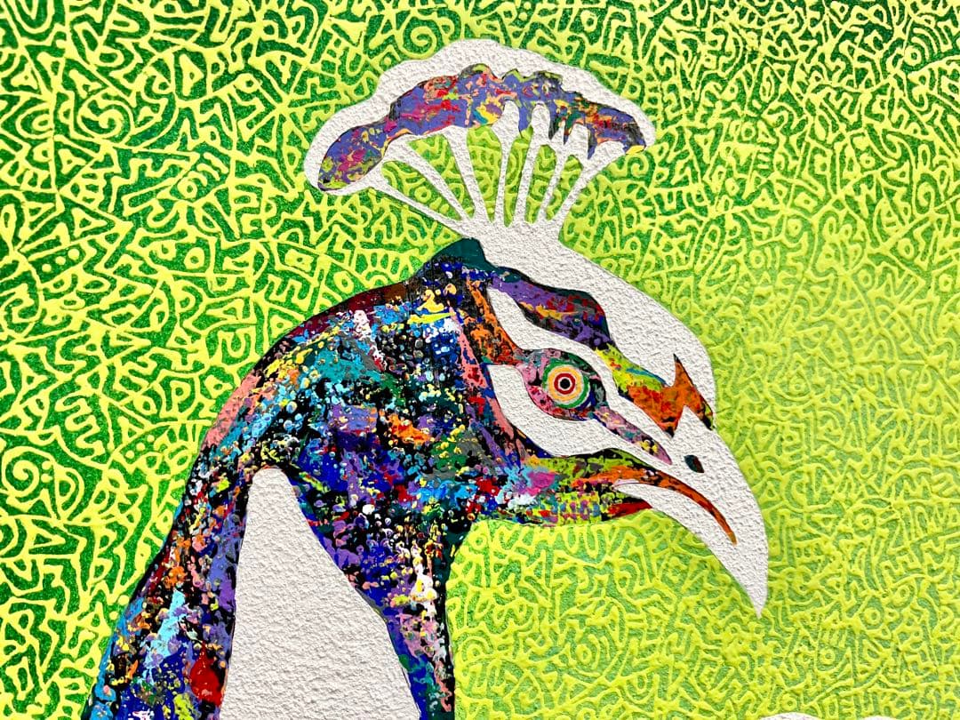 原画　孔雀　動物画　絵画　アクリル画　現代アート　細密画　手描き　一点物